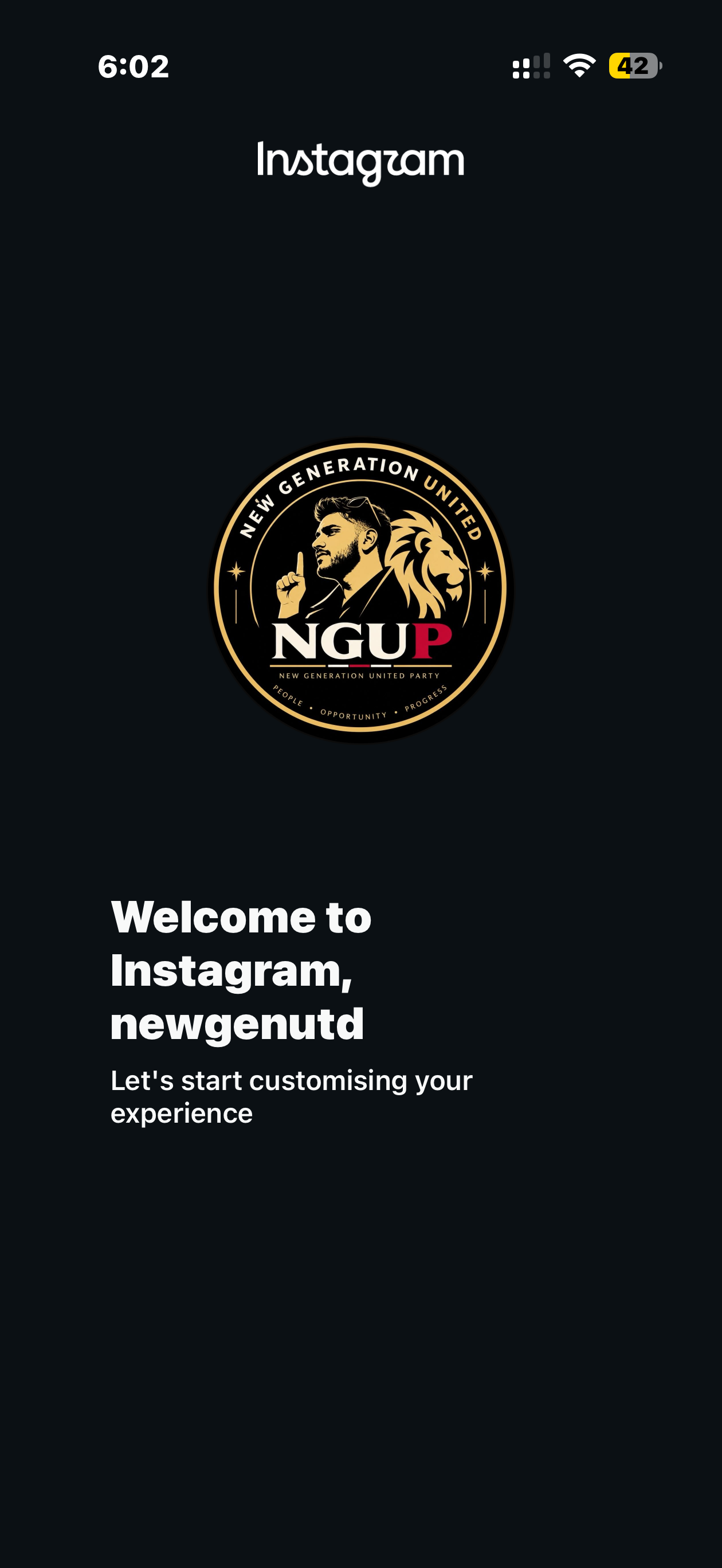 NGUP Instagram welcome screen